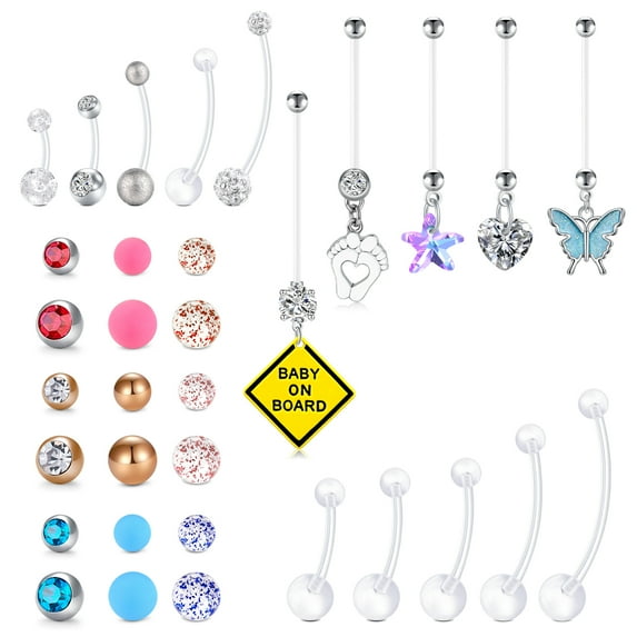 Plastic Pregnancy Belly Button Rings Long Bar Navel Rings for Maternity Sport Pregnant Women Flexible Clear Acrylic Dangle Belly Rings with Different Length Bar and Balls for Replacement