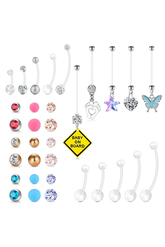 Plastic Pregnancy Belly Button Rings Long Bar Navel Rings for Maternity Sport Pregnant Women Flexible Clear Acrylic Dangle Belly Rings with Different Length Bar and Balls for Replacement
