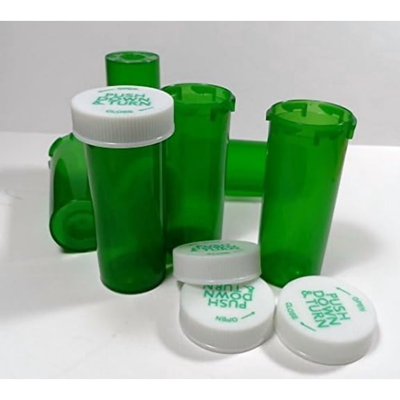 Plastic Prescription Green Vials/Bottles 25 Pack w/Caps Smallest 6 Dram Size-New