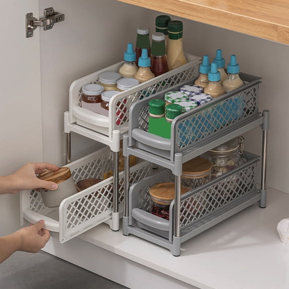 Plastic Pull Out Shelves, Under Sink Storage Shelves with Baskets, White/Gray Small Double Shelves for Cabinet Organization, Easy Assembly No Tools Required, Durable Mesh Storage Baskets
