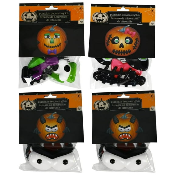 Plastic Pumpkin Faces Push in Decorating Set DIY Crafts Kits No Carving for Fun Home Activities Kitchen Indoor Party Favors Halloween Trick or Treats Decoration Gift Supplies Pack of 4 - Styles Vary