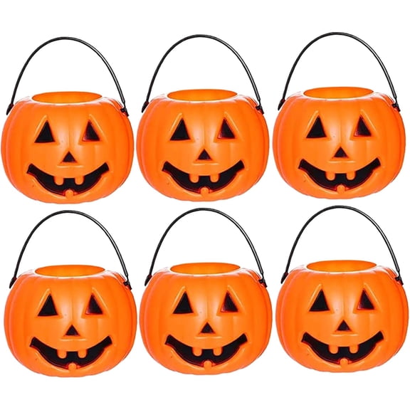 Plastic Pumpkins 6Pcs Halloween Pumpkin Bucket Devil Smile Pumpkin Candy Bucket Plastic Halloween Candy Holder with Handle Trick or Treats, Style 1