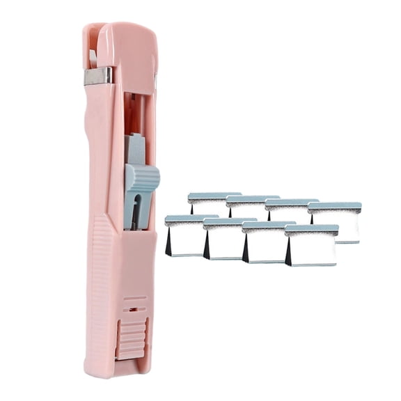Plastic Push Stapler,Handheld Paper Clam Clip Dispenser,Portable Paper Clam Clip Dispenser,Includes 8 Reusable Push Clips,for Desktop Document Home Desk Office,0.98x5.5 inch(Pink)
