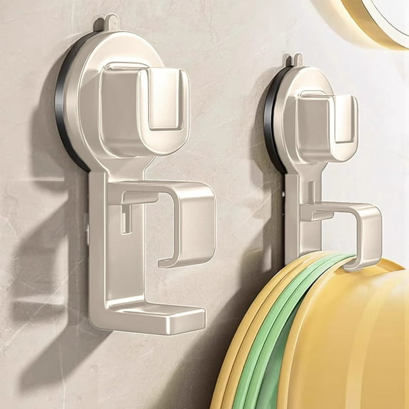 Plastic Push Type Suction Cup Hook - No Drill No Glue Non Slip Adhesive Hanger for Bathroom Kitchen Balcony, Adjustable Height for Washbasins Buckets Vegetable Baskets, Damage-Free Wall Tile Mount