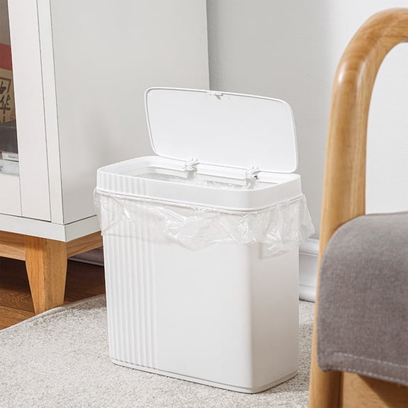 Plastic Push Type Trash Can with Lid, Deodorant Wastebasket for Living Room Kitchen, White, 11.81x11.41x4.72in & 10.78x10.42x4.33in, Slim Design