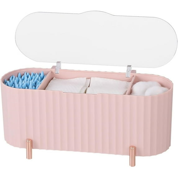 Plastic Qtip Holder Dispenser with Clear Lid,Happon 3 Compartments Cotton Ball and Swab Organizer,Multifunctional Bathroom Canister, Plastic Drawer Organizer for Cotton Swab,Ball,Cotton Pad (Pink)