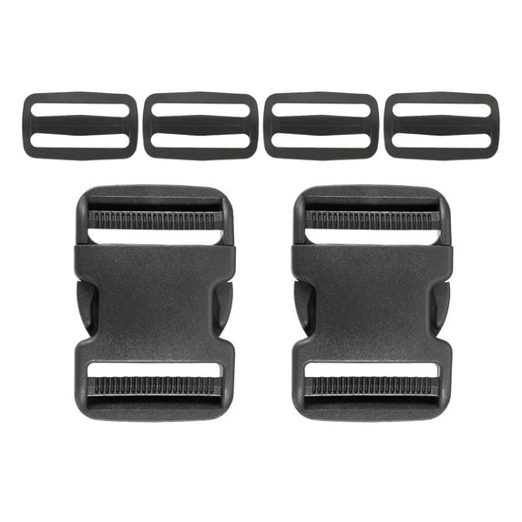 Plastic Quick Release Buckle, 2 Pack Plastic Quick Side Release Clips with 4 Pack Tri-Glide Slide Black 2"