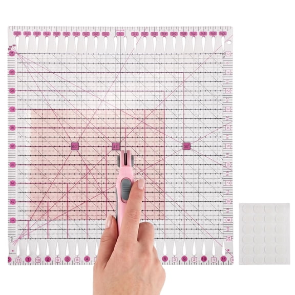Plastic Quilting Ruler, 11.5 x 10 Inches with 24 Anti-Slip Pads, 22 Slot Design with 1/2 in Spacing, 30/45/60 Degree Angles for Accurate Fabric Measurement and Smooth DIY Sewing Projects (Pink)