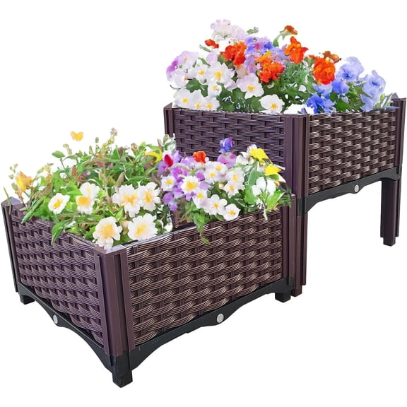 Plastic Raised Garden Bed, Set of 2 Planter Grow Boxes 14.5" H Elevated Garden Boxes for Indoor & Outdoor Patio Vegetable Fruit Flower Herb