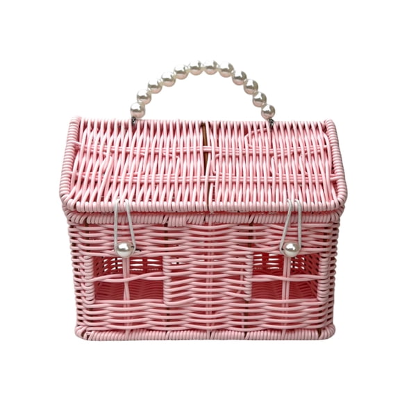 Plastic Rattan House-Shaped Basket with Lid & Folding Handle, Charming Storage for Picnics, Easter Egg Hunts, Home Tidying or as a Decorative Container