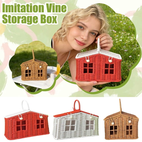 Plastic Rattan House Shaped Basket With Lid Folding Handle Picnic Easter Storage Organizer Durable Storage Box