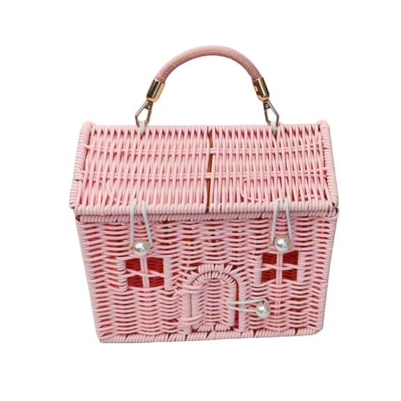 Plastic Rattan House Shaped Basket with Lid and Folding Handle Woven Storage Bin Picnic Organizer for Easter Home Tidying Decor