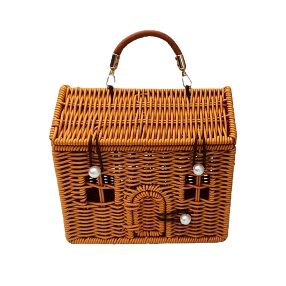 Plastic Rattan House-Shaped Storage Basket with Lid & Foldable Handle – Ideal for Picnics, Easter Decor, and Home Organization