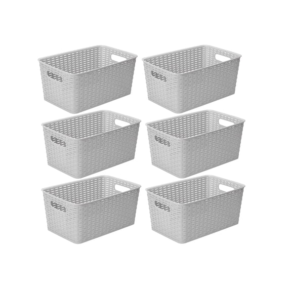 Plastic Rattan Storage Box Basket Organizer for Bathroom, Large, Gray Pack of 6