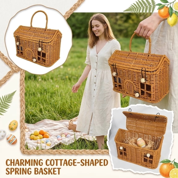 Plastic Rattan Woven House-Shaped Storage Basket With Lid, Heavy Duty Picnic Tote Organizer Bin With Folding Handle For Desktop Household And Pantry