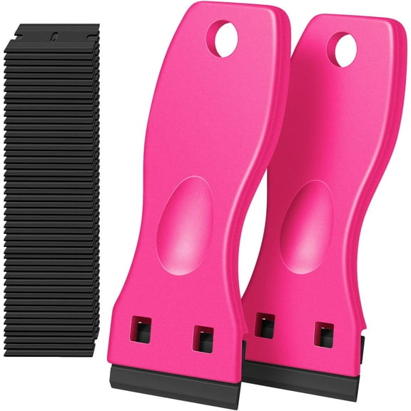 Plastic Razor Blade Scraper, 2 Pack Razor Scraper with 100 Pcs Razor Blades for Removing Glue, Sticker, Decals, Tint from Car Window and Glass(Pink)