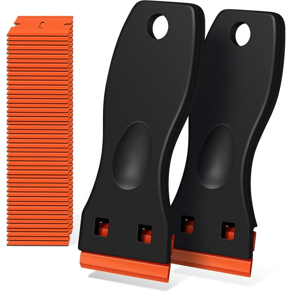 Plastic Razor Blade Scraper, 2 Pack Razor Scraper with 120 Pcs Razor Blades for Removing Glue, Sticker, Decals, Tint from Car Window and Glass（Black）