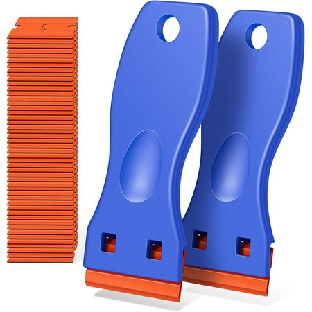 Plastic Razor Blade Scraper, 2 Pack Razor Scraper with 120 Pcs Razor Blades for Removing Glue, Sticker, Decals, Tint from Car Window and Glass(Blue)