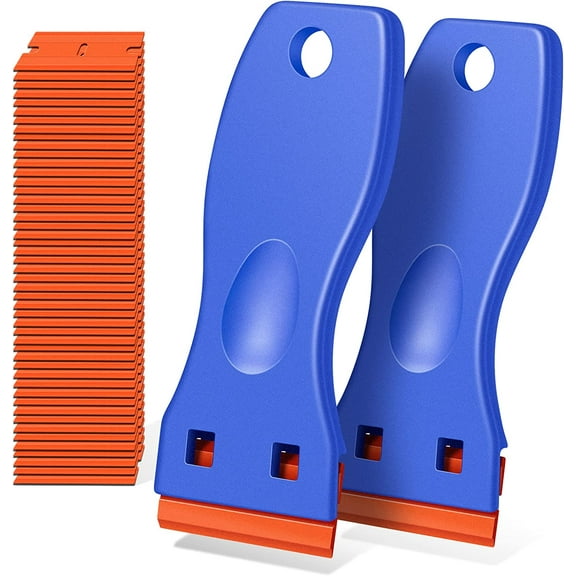 Plastic Razor Blade Scraper, 2 Pack Razor Scraper with 120 Pcs Razor Blades for Removing Glue, Sticker, Decals, Tint from Car Window and Glass(Blue)