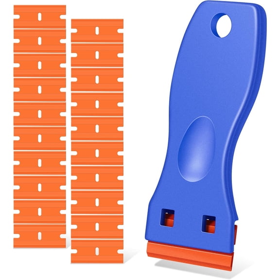 Plastic Razor Blade Scraper, 2 Pack Razor Scraper with 120 Pcs Razor Blades for Removing Glue, Sticker, Decals, Tint from Car Window and Glass(Blue)