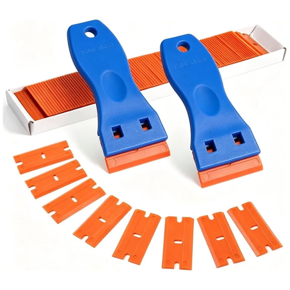 Plastic Razor Blade Scraper Include 2PCS Scraper Tool and 100PCS Blades for Gasket Remover, Labels Decal and Adhesive Remover for Windows and Glass