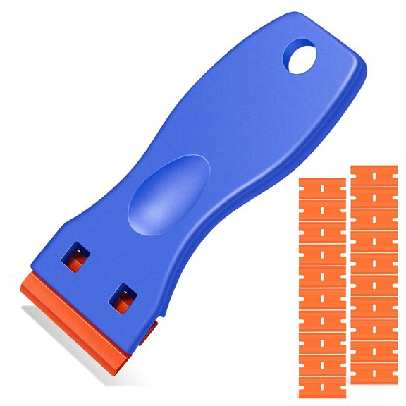 Plastic Razor Blade Scraper, Scraper Tool with 20 PCS Plastic Razor Blades for Removing Labels Adhesive Decals Sticker from Windows Glass (Blue)