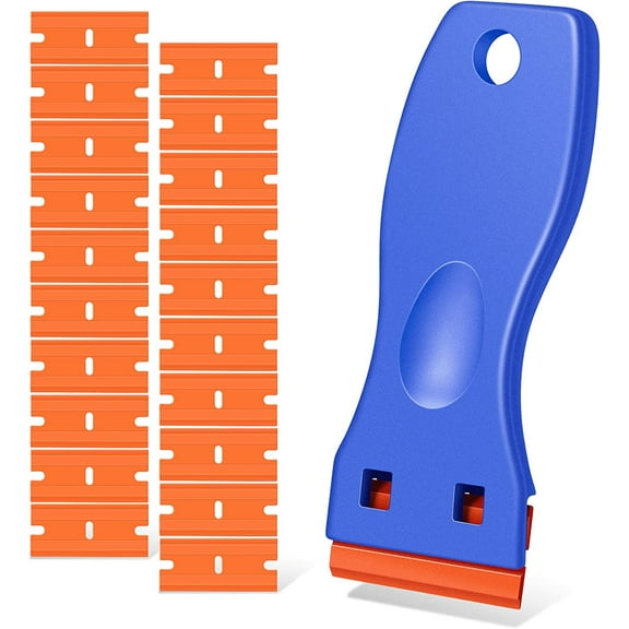 Plastic Razor Blade Scraper, Scraper Tool with 20 PCS Plastic Razor Blades for Removing Labels Adhesive Decals Sticker from Windows Glass (Blue)