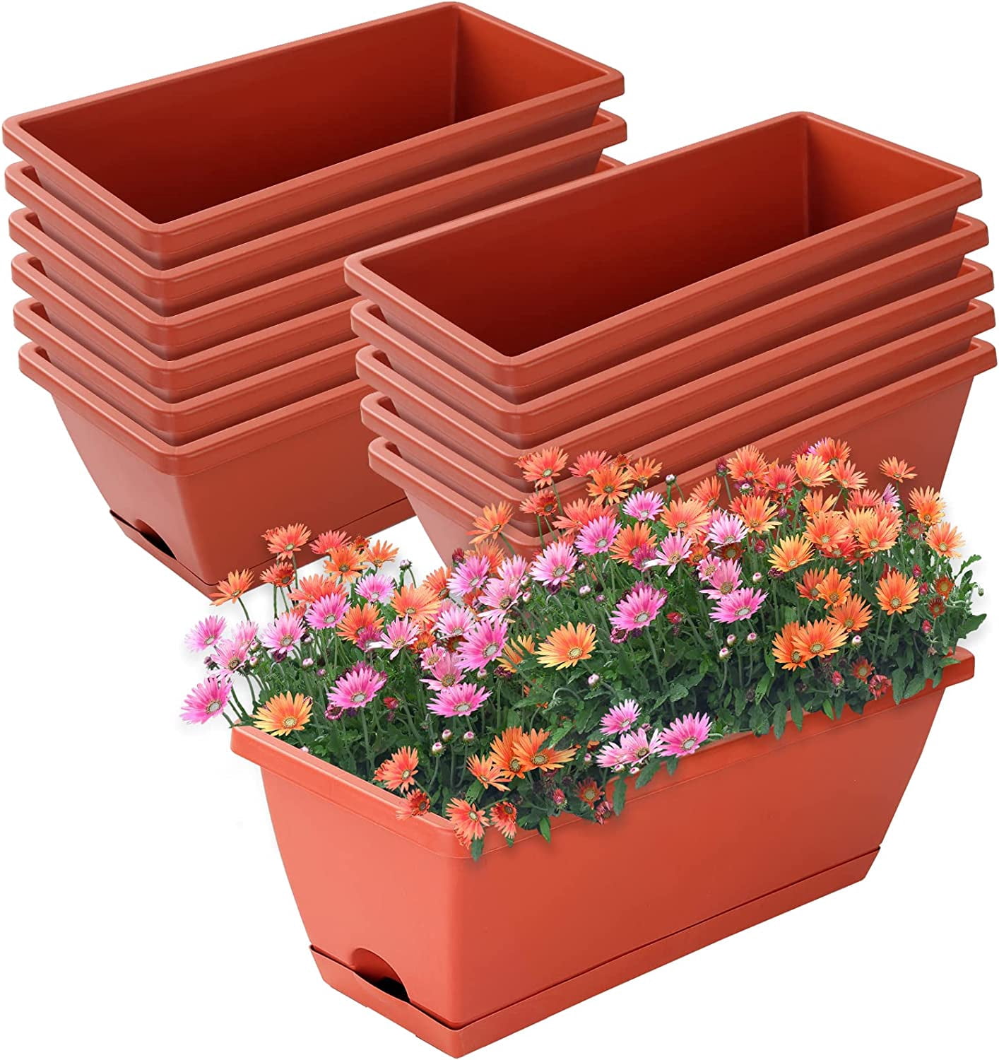 Plastic Rectangular Window Box Planters with Saucers for Vegetable Flower Indoor Outdoor Garden Patio Home Decor 7 Pack 17 Inches
