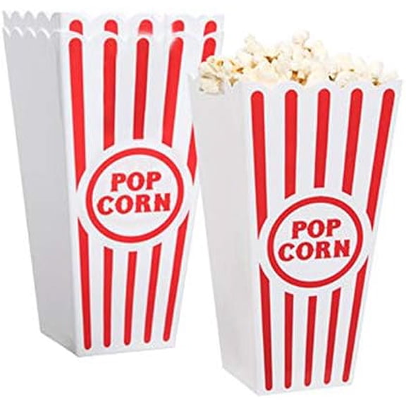 Plastic Red & White Striped Classic Popcorn Containers for Movie Night - 7.8" Tall x 3.8" Square (16 Pack)