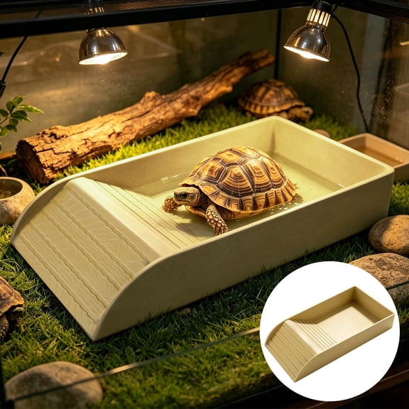 Reptile Bathing Pool Tortoise Food Dish with Ramp, Leaf Shaped Water Bowl for Amphibians, Habitat Accessory for Lizard Box Turtle Basking Platform