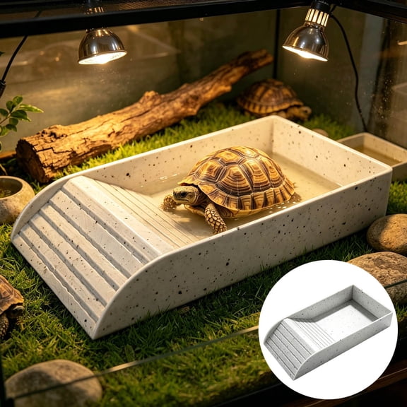 Reptile Bathing Pool Tortoise Food Dish with Ramp, Leaf Shaped Water Bowl for Amphibians, Habitat Accessory for Lizard Box Turtle Basking Platform