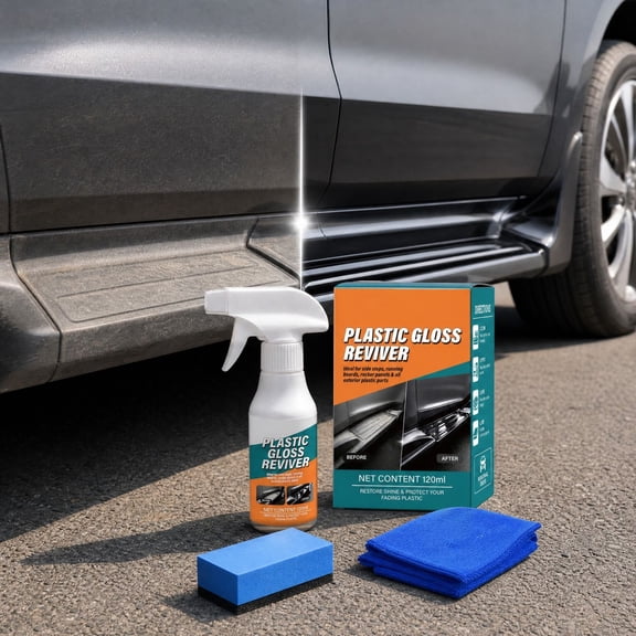 Plastic Restorer for Cars, Back‑To‑Black Exterior Trim Gloss Reviver Kit, Oxidation Repair Waterproof Protectant for Faded Plastic Components with Applicator Sponge and Microfiber Towel