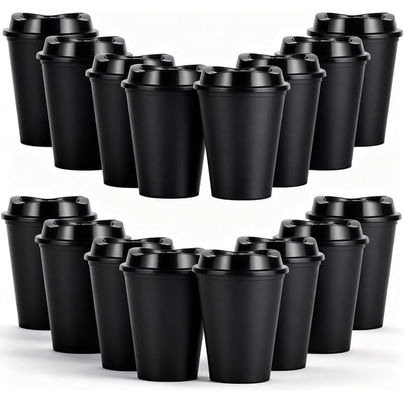 Plastic Reusable Coffee Cups with Lids, 12oz Travel Tumbler, Hot & Cold, Microwave Safe, for Toddlers and On the Go, 16 Pack (16, Black)