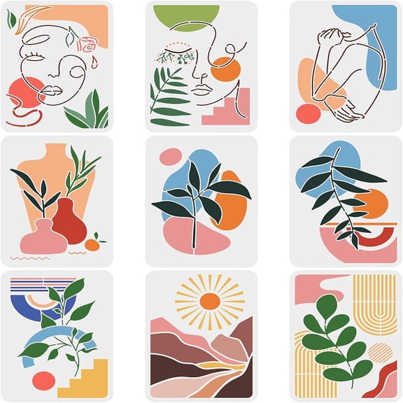 Plastic Reusable Drawing Painting Stencils Templates Sets for Painting on Fabric Canvas Tiles Floor Furniture Wood Leaf Pattern 29.7x21cm 9pcs/set
