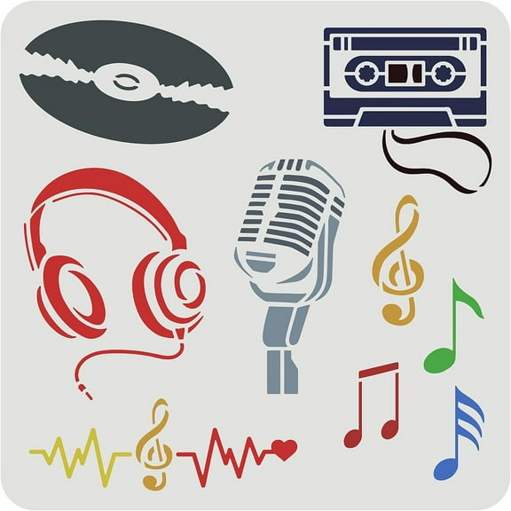 Plastic Reusable Drawing Painting Stencils Templates for Painting on Scrapbook Fabric Tiles Floor Furniture Wood Square Musical Instruments Pattern