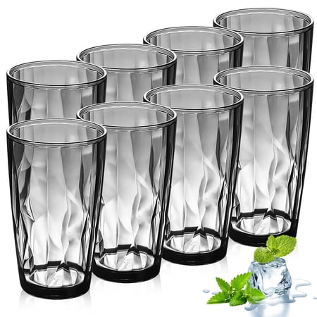 Plastic Reusable Drinking Glasses Set of 8 | BPA-Free 16-Ounce Stackable Kitchen Plastic Water Tumblers Shatterproof Drinking Cups Grey