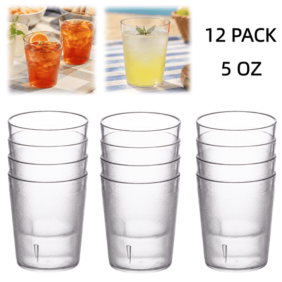 12 Pack 5 oz Plastic Cup, Plastic Reusable Tumblers, Break Resistant Drinking Glasses for Cafe Party Restaurant Kitchen, Stackable, Dishwasher Safe (Clear)