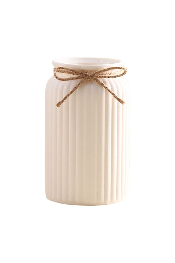 Plastic Ribbed Flower Vase, for Bouquet and Pampas Grass, Modern Wide Mouth Decorative Vase for Dining Table, Kitchen Shelf, Wedding White