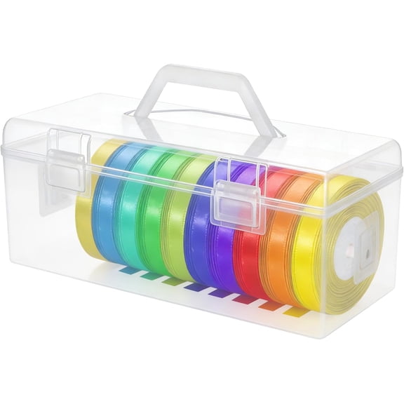 Plastic Ribbon Organizer Container, Christmas Ribbon Spool Holder Washi Tape Thread Storage Box with Handle and Spool for Sewing Craft Wreath Crochet Roll Florist Arts Gift Wrapping