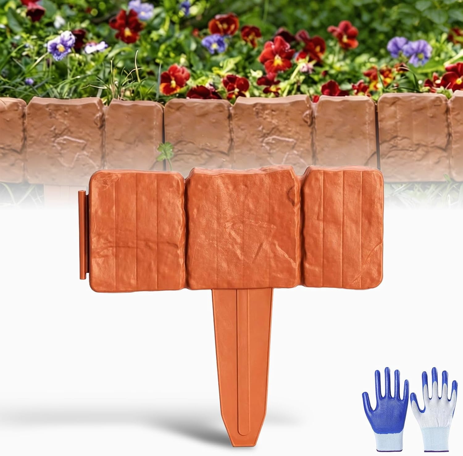 Plastic Rock-Texture Garden Edging Fence with Stakes, Interlocking Landscape Border for Flower Beds, Pathways and Lawns (Red, 20-Piece,C)