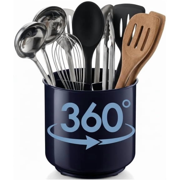 Cooler Kitchen Plastic Rotating Utensil Holder Crock, Extra Large Blue, Weighted No-Tip Base, Removable Divider, Dishwasher Safe
