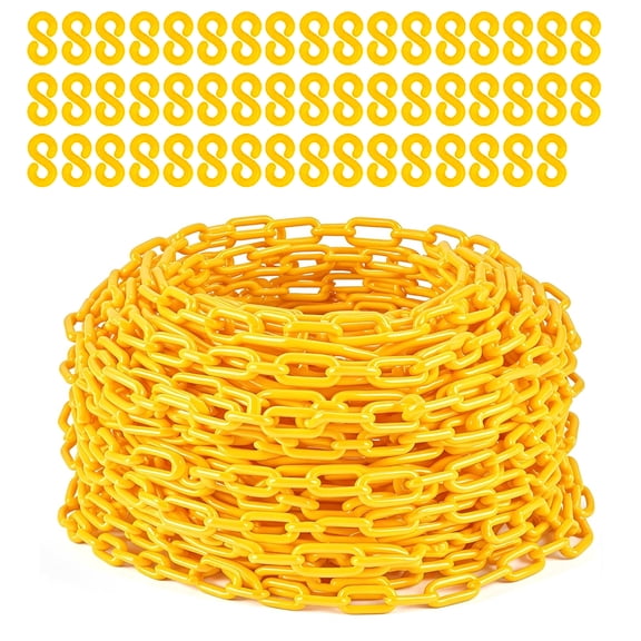 Plastic Safety Chain 120FT – Yellow, 6MM Thick Barrier, 1.5-Inch UV Resistant Links, 25 S-Hooks – Crowd Control for Parking, Construction, Driveways, Queues – Color: Yellow