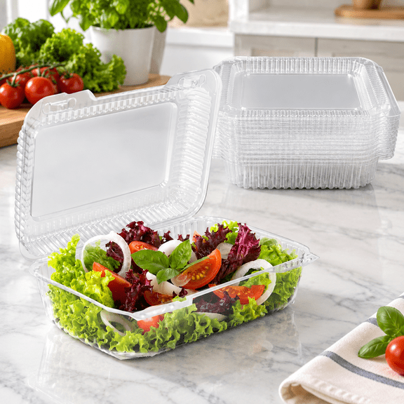 Plastic Salad Containers with Lids, 9" x 6.75" x 3" Clear Clamshell Take Out Containers for Food and Snacks (Pack of 30)