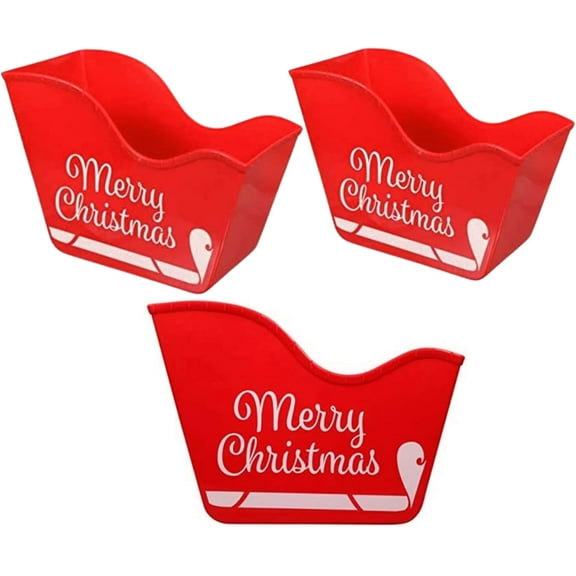 Plastic Santa Sleigh Shaped Bins, Red Container Storage for Holiday Treats, Home Decorations Party Supplies Basket Set of 3