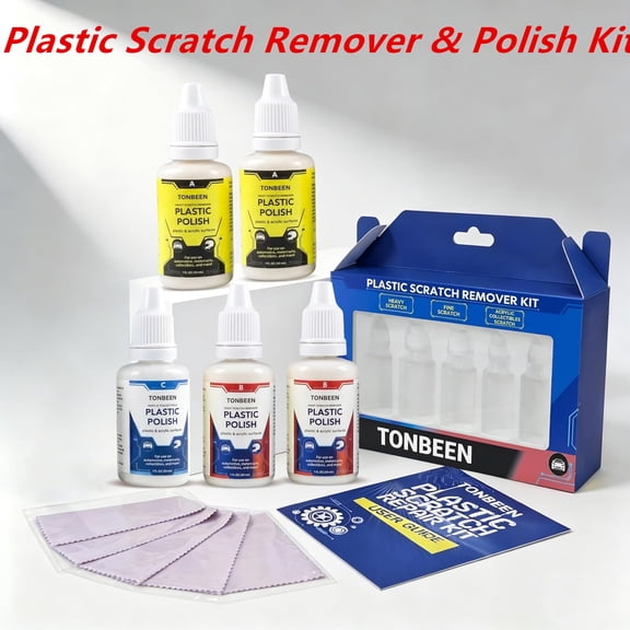 Plastic Scratch Remover & Polish Kit, 3-Level Plastic Restorer for Light to Heavy Scratches, Improves Clarity on Headlight Covers, Acrylic, Plexiglass & Plastic Surfaces, 5-Piece Set (150ml Total)