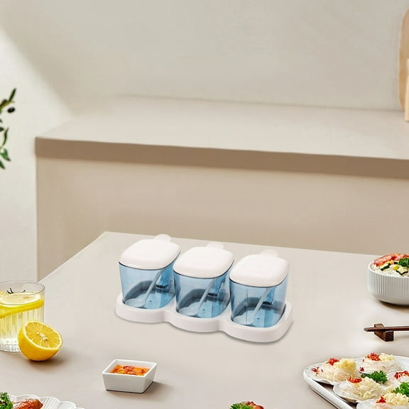 Plastic Seasoning Box Set for Kitchen | Transparent PS Material, Press-Type Lid, Built-In Spoon, Detachable Base | 3 Compartments, Blue/Pink/Green | 10"x5"x3.5"