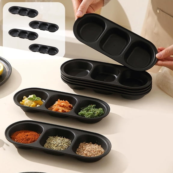 Plastic Seasoning Dishes Set of 4 - Multi Grids Condiment Tray for Soy Sauce Vinegar Mustard - Partitioned Dipping Bowls for Dumplings Hotpot Barbecue - Stackable Snack Plates