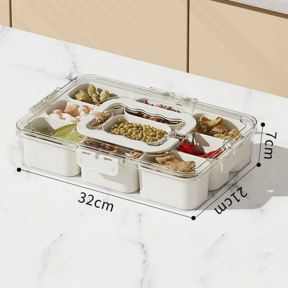 Plastic Seasoning Organizer Box Spice Storage Containers Snack Condiment Food Holder 9 Compartment with Sealing Lid Handle Divided Serving Tray for Kitchen Cabinet Pantry Refrigerator
