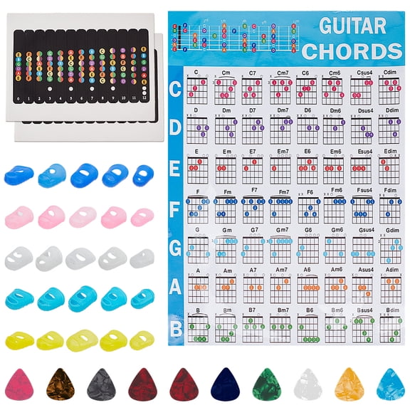 Plastic Self-Adhesive Guitar Fretboard Note Map Sticker Labels Silicone Guitar Fingertip Protector Plastic Guitar Pick Mixed Color