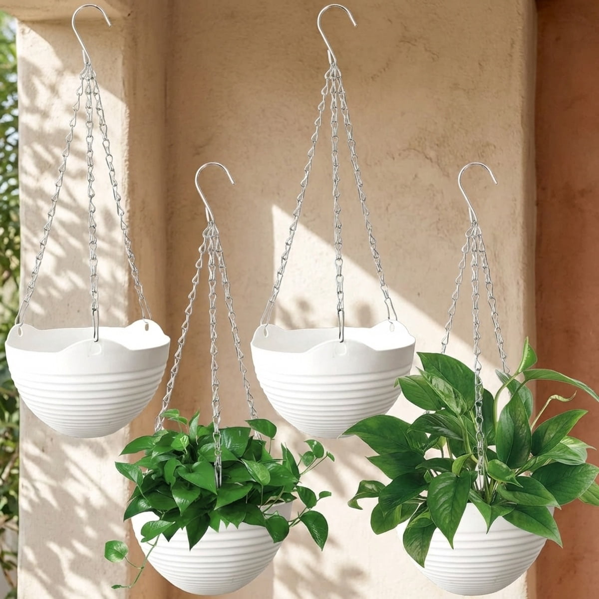 Plastic Self Watering Hanging Planters, Round Hanging Basket Planter with Drainer and Metal Chain, Garden Flower Plant Pot Container for Indoor Outdoor Plants